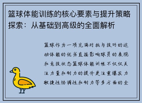 篮球体能训练的核心要素与提升策略探索：从基础到高级的全面解析