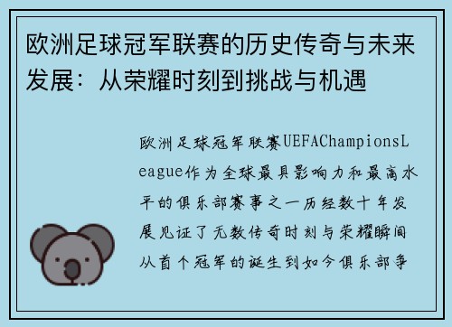 欧洲足球冠军联赛的历史传奇与未来发展：从荣耀时刻到挑战与机遇