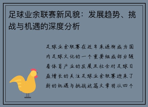 足球业余联赛新风貌：发展趋势、挑战与机遇的深度分析