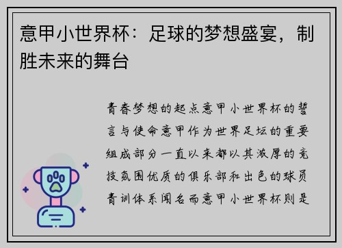 意甲小世界杯：足球的梦想盛宴，制胜未来的舞台