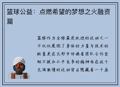 篮球公益：点燃希望的梦想之火融资篇