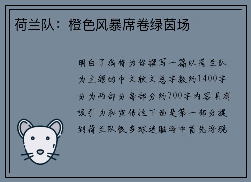 荷兰队：橙色风暴席卷绿茵场