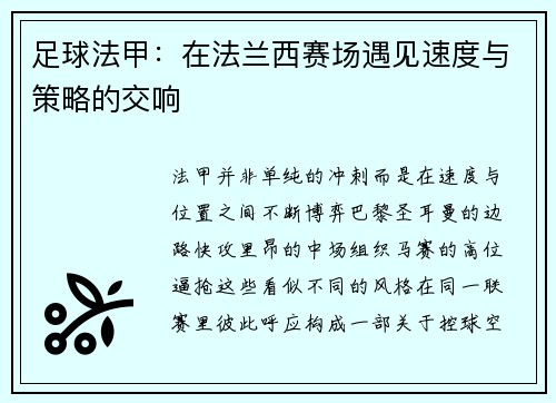 足球法甲：在法兰西赛场遇见速度与策略的交响